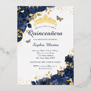 Gouden marine vlinder bloem elegante Quinceanera Folie Uitnodiging