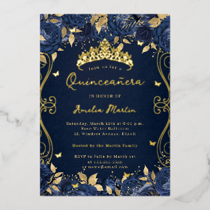 Gouden marine wervelende scroll bloemige Quinceane Folie Uitnodiging