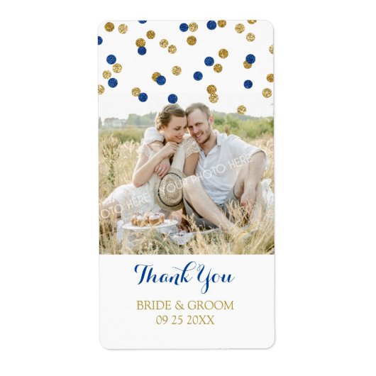 Gouden marineblauw Confetti foto trouwlabels Etiket (Voorkant)