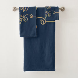 Gouden & marineblauwe elegante bloeiende monogram bad handdoek