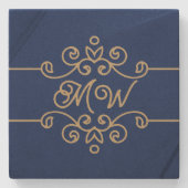 Gouden & marineblauwe elegante bloeiende monogram stenen onderzetter (Voorkant)