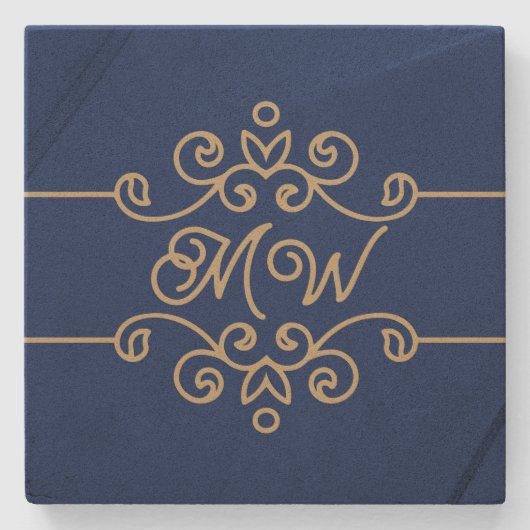 Gouden & marineblauwe elegante bloeiende monogram stenen onderzetter (Voorkant)