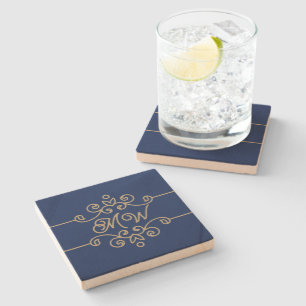 Gouden & marineblauwe elegante bloeiende monogram stenen onderzetter