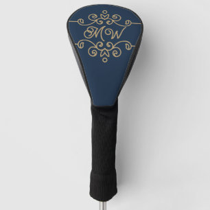 Gouden & marineblauwe elegante bloemmonogram golfheadcover