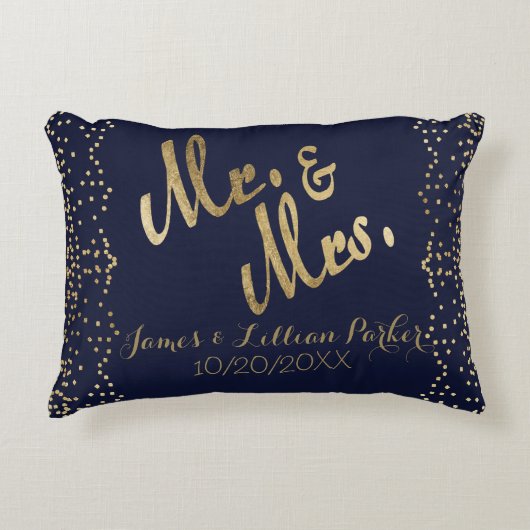 Gouden Marineblauwe M. en Mevr. Monogram Wedding Accent Kussen (Voorkant)