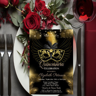 Gouden Masker Diamanten Lichten Zwarte Quinceañera Kaart