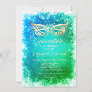 Gouden Masker Sneeuwvlokken Groene Quinceanera Kaart