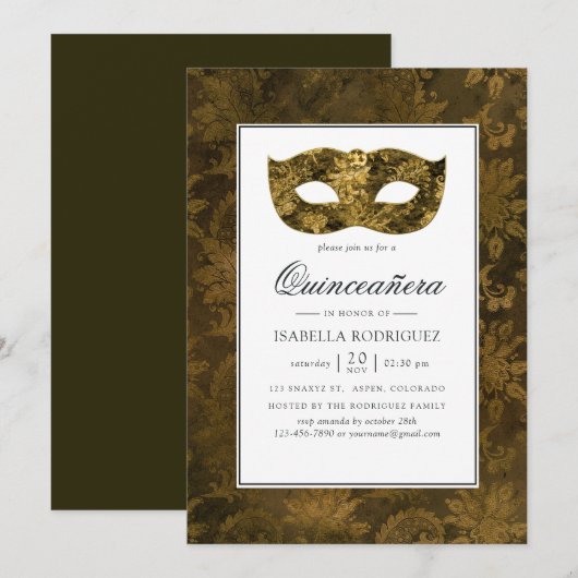  gouden maskerade Damask Quinceañera Kaart (Voorkant / Achterkant)