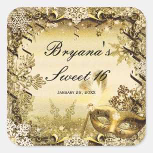 Gouden Maskerade Masker & Winter Sneeuwvlokken Ele Vierkante Sticker