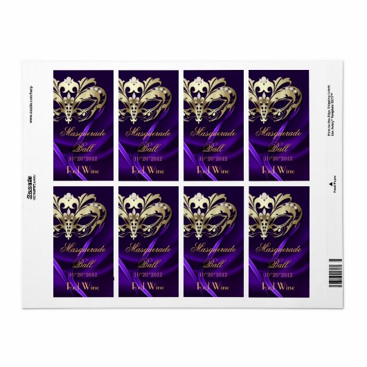 Gouden Masquerade Paarse Jeweled Holiday Wine Labe Etiket (Full Sheet)