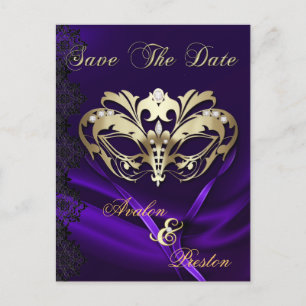 Gouden Masquerade Paarse juweel Bewaar de datum Aankondigingskaart