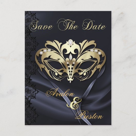 Gouden Masquerade Zwart Juweel Save The Date Brief Aankondigingskaart (Voorkant)