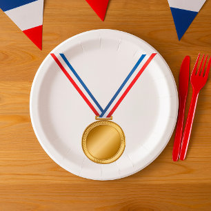 Gouden medaille-onderscheiding met rood-wit-blauwe papieren bordje