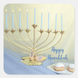 Gouden Menorah, Munten & Dreidels Happy Chanoeka Vierkante Sticker
