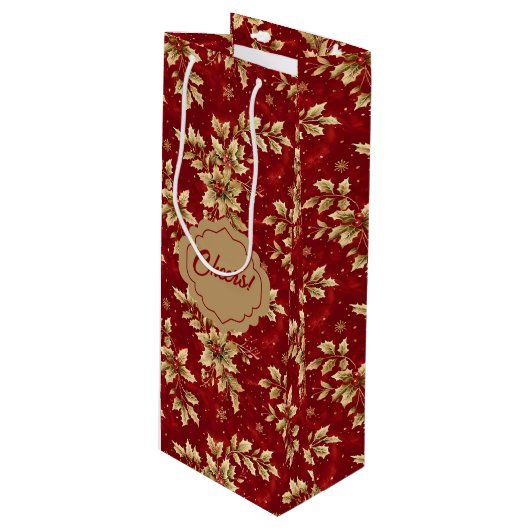 Gouden metalen poinsettia's op rood wijn cadeautas (Voorkant Gekanteld)