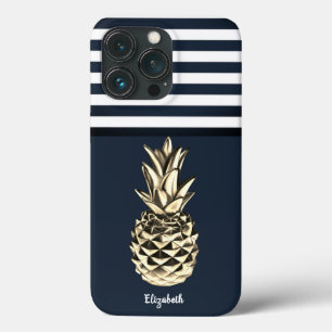 Gouden Metallic Ananas Marineblauwe Strepen iPhone 13 Pro Hoesje
