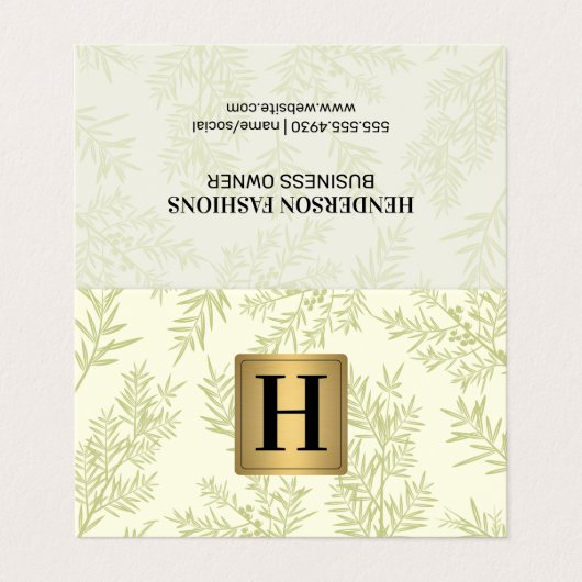 Gouden Metallic Monogram | Jeneverbes Tak Visitekaartjes (Buitenkant ongevouwen)