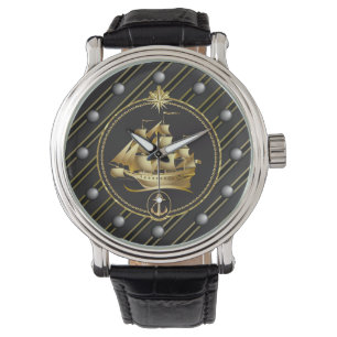 Gouden Metallic Zeilschip & Anker Gouden Strepen Horloge