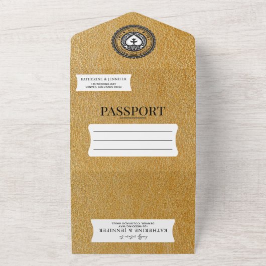Gouden Mexico Passport bruiloft All In One Uitnodiging (Buitenkant)