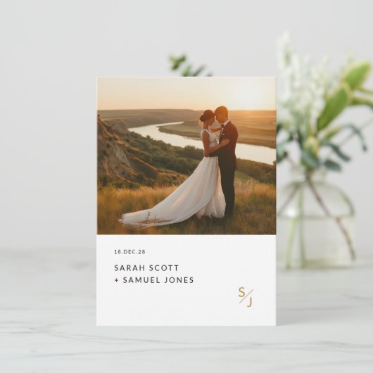 Gouden moderne elegante foto budget bruiloft kaart (Staand voorkant)