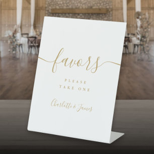 Gouden moderne script huwelijksgunsten tafel reclamebord met voetstuk