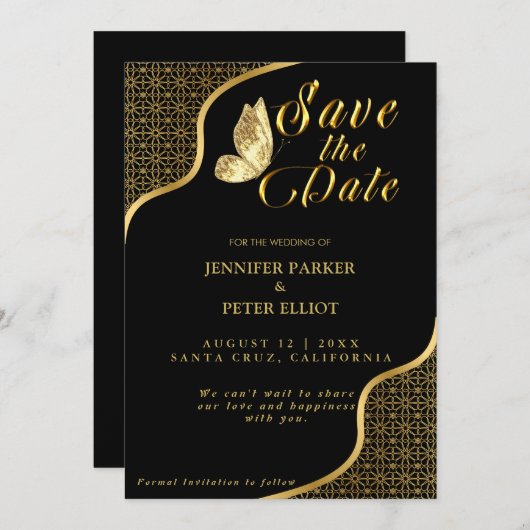 Gouden Moment: Save the Date Zwart en Goud Thema Kaart (Voorkant / Achterkant)