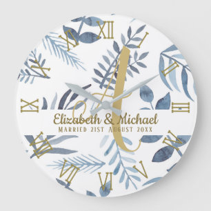 Gouden Monogram Azure Blauwe Botanische Bladeren B Grote Klok