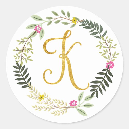 Gouden Monogram blad K Ronde Sticker (Voorkant)
