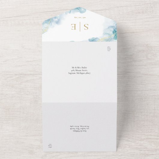 Gouden Monogram Blauw Aquarel Bruiloft All In One Uitnodiging (Buitenkant)