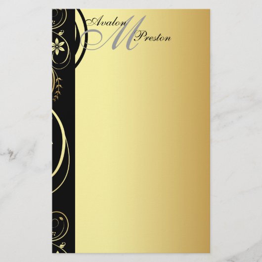 Gouden Monogram Bloemen Scroll Trouwen Briefpapier (Voorkant)