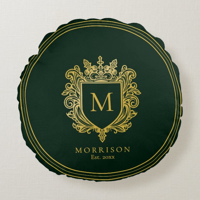 Gouden Monogram Crest Rond Kussen (Voorkant)