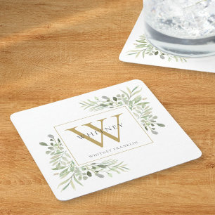 Gouden Monogram Elegante Moderne Groene Bloemen Vierkante Kartonnen Onderzetter