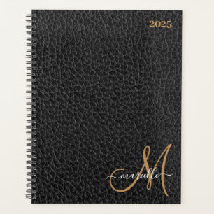 Gouden Monogram Faux Zwart Leer Wekelijks Maandeli Planner