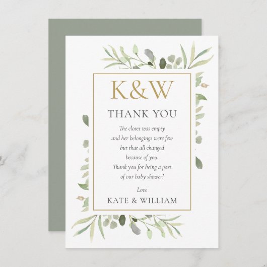 Gouden Monogram Groene Baby Shower Gedicht Bedankkaart (Voorkant / Achterkant)