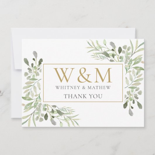 Gouden Monogram Groene Elegantie Bedankkaart (Voorkant)