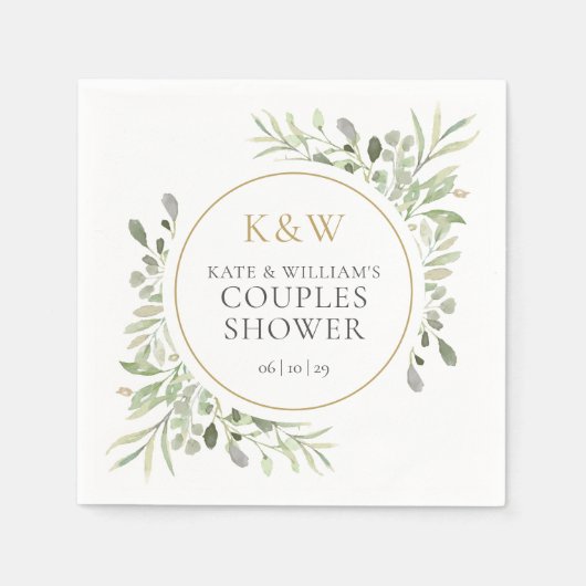 Gouden Monogram Groene Huwelijksborrel Voor Koppel Servet (Voorkant)