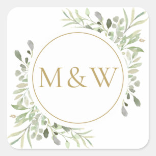 Gouden Monogram Initiaal Groene Waterverf Blad Vierkante Sticker