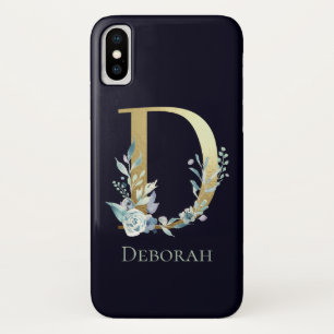 Gouden Monogram Letter D Navy Blauwe Bloem Naam iPhone X Hoesje
