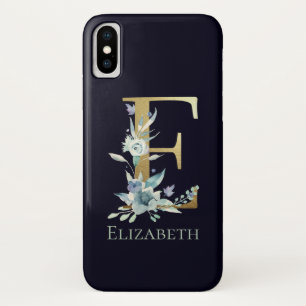 Gouden Monogram Letter E Blauwe Roos Bloem Naam iPhone X Hoesje