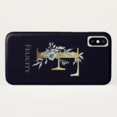 Gouden Monogram Letter F Donkerblauwe Bloem Naam Case-Mate iPhone Case (Achterkant (horizontaal))