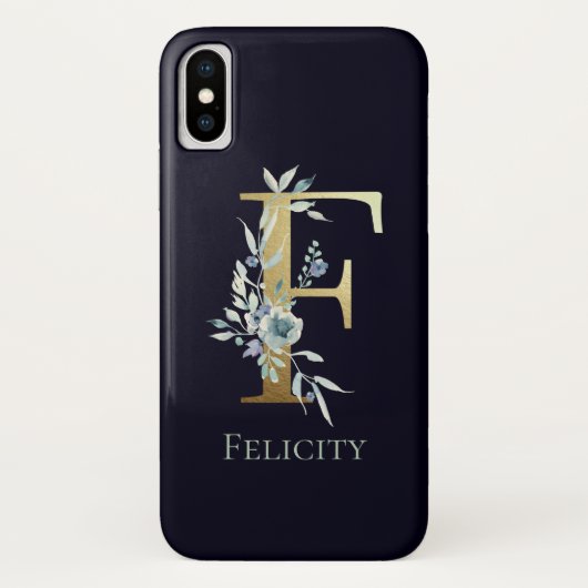 Gouden Monogram Letter F Donkerblauwe Bloem Naam Case-Mate iPhone Case (Achterkant)