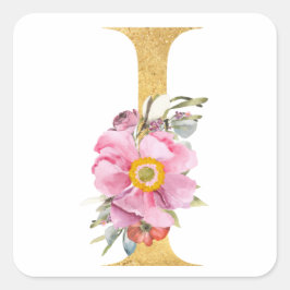 Gouden MONOGRAM letter I met bloemen Vierkante Sticker