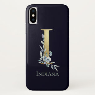 Gouden Monogram Letter I Navy Blauwe Bloem Naam iPhone X Hoesje