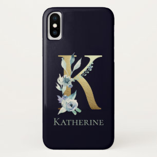 Gouden Monogram Letter K Navy Blauwe Bloem Naam iPhone X Hoesje