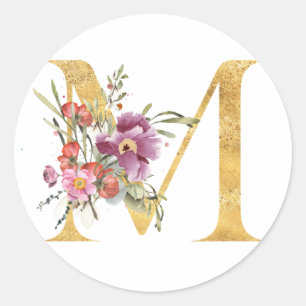 Gouden MONOGRAM letter M met bloem Ronde Sticker