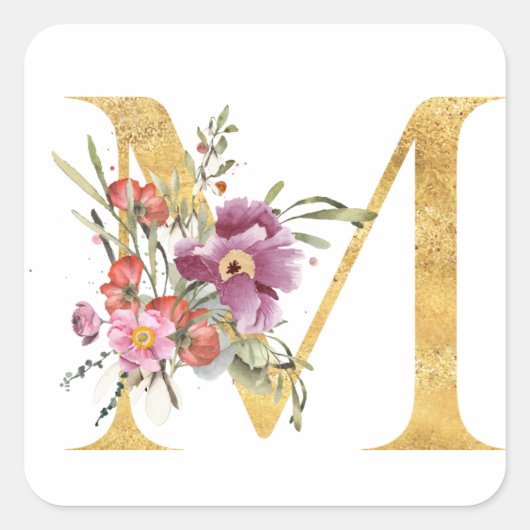Gouden MONOGRAM letter M met bloem Vierkante Sticker (Voorkant)