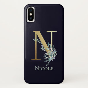 Gouden Monogram Letter N Marineblauwe Bloem Naam iPhone X Hoesje