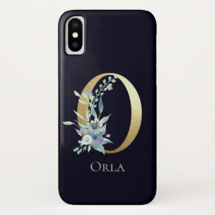 Gouden Monogram Letter O Navy Blauwe Bloem Naam iPhone X Hoesje