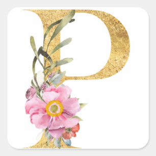 Gouden MONOGRAM letter P met bloem Vierkante Sticker