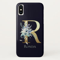 Gouden Monogram Letter R Navy Blauwe Bloem Naam